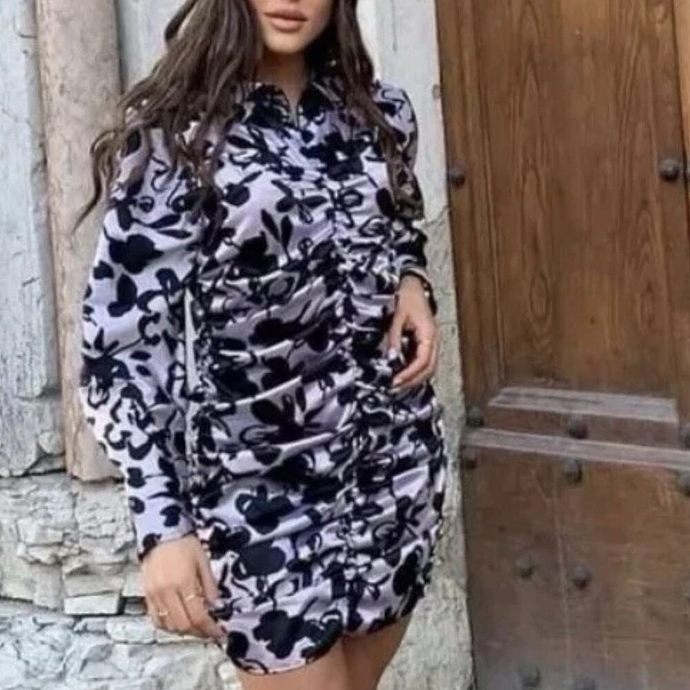 Zara Black and Lilac Floral Long Sleeve Ruched Mini Dress